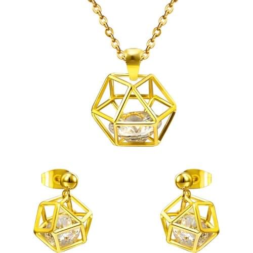 LUXUKISSKIDS New Arrival Jewelry Sets Gold color Zircon Stainless Steel Sets New Designer Shape with Zircon Set Free Chain