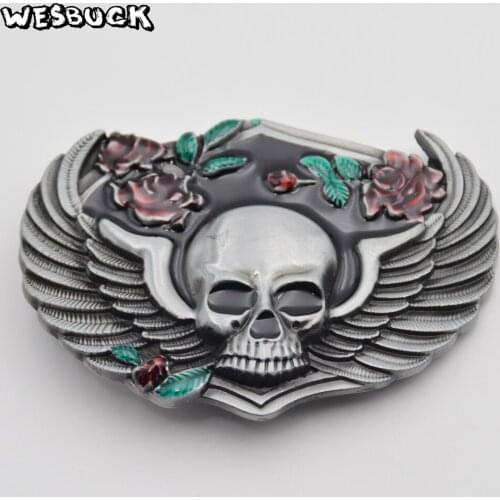 WesBuck Brand Classic 3D Roses Skull Belt Buckle For Men Jeans accessories Mens Silver Belt Buckles With PU Belt
