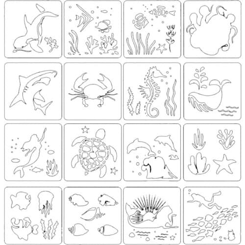 Pack of 16 Sea Animal Drawing Graffiti Template Stencil Set 16 Different Pattern