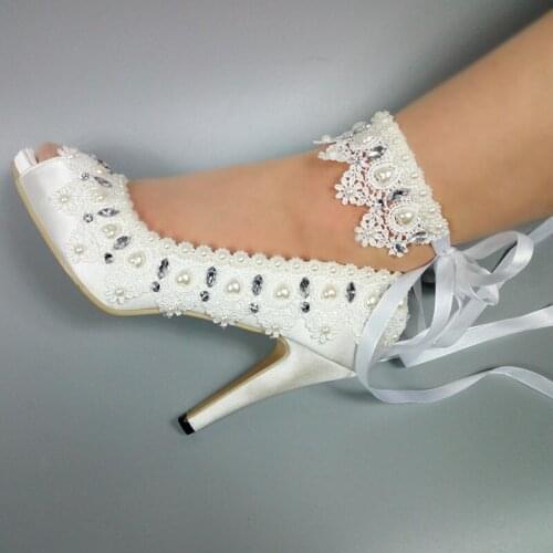 New Womens wedding shoes Peep Toe white lace-Up shoes Ladies party dress shoes woman fish toe 5cm/8cm/10cm High heel ankle strap