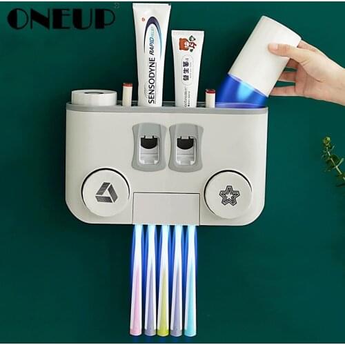 ONEUP Multifunction Toothbrush Holder Storage Automatic Toothpaste Dispenser Squeezer Dust-proof Storage Bathroom Accessories