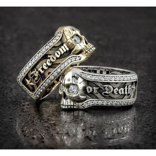 Exaggerated Skull Freedom Or Death Letter Ring Mens Gothic Personality Punk Ring Fashion Accessories Party Jewelry