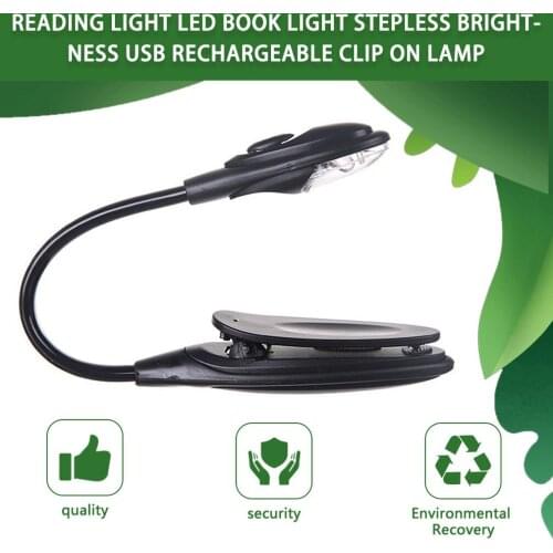 Reading Light LED Book Light Stepless Brightness Micro USB Rechargeable Clip On Lamp with Flexible Goose Neck