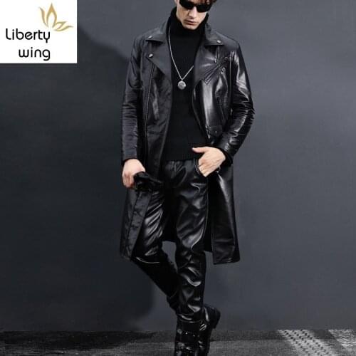 Genuine Trench Coat Men Slim Fit Black Motorcycle Jacket Winter New Windbreaker Cow Leather Long Jackets Plus Size 5XL