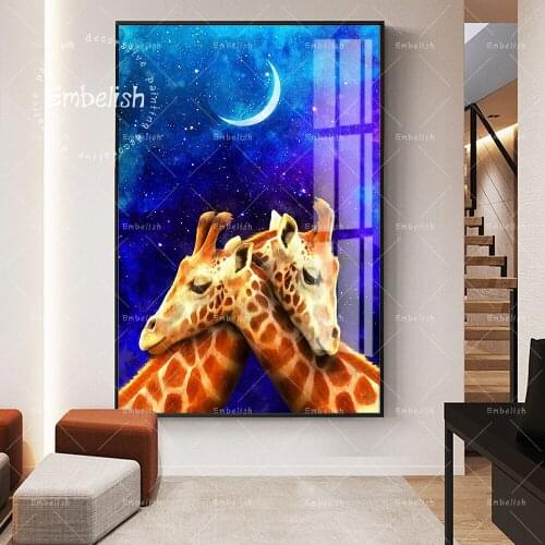 Embelish Couple Giraffe At Night With Dark Sky Landscape HD Canvas Paintings For Living Room Home Decor Poster Wall Art Picture