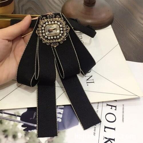 Vintage New Woman Brooches Black Ribbon Big Bowknot Brooch Pin Rhinestones Collar Shirts Accessories Fashion Jewelry