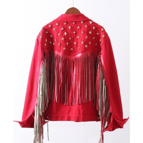 Red Black Denim Jacket Women Vintage Star Rivet Suede Tassel Jeans Jacket Coat Long Sleeve Outwear Female Boho Jacket Streetwear