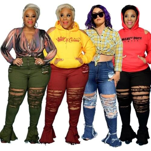 5XL Plus Size Flare Bottom Stretch Ripped Jeans Skinny Jeans Women Denim Pants Holes Destroyed Knee Pencil Pants Casual Trousers