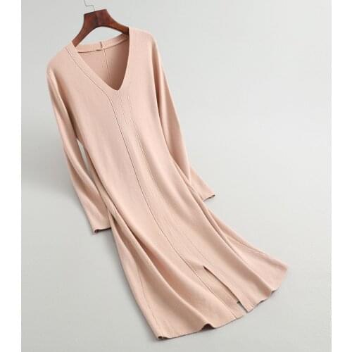 2020 Knitting Sleeve V-Neck Women Long Pullovers Winter Sweater Dress Tricot Thick Pull Femme