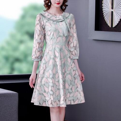 Spring High Street Embroidery Lace Midi Dress 2021 Autumn Vintage Office Lady Casual Dress Women Elegant Bodycon Party Vestidos