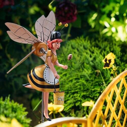 1PCS Cute Windmill Garden Decoration Bee Fairy/Clown Windmill Wooden Statue Farm Outdoor Ornament
