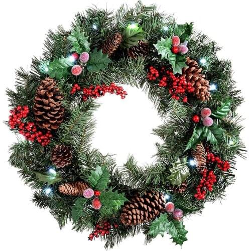 60CM Christmas Wreath Door Hanging Garland with Frost Clover Wreath Natural Pine Cones Berries Decorative Christmas Garland