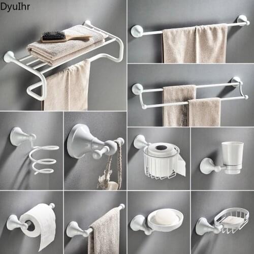 White bathroom hardware accessories set brass shower soap dishes hair dryer rack towel rack bathrobe hook toilet brush roll rack