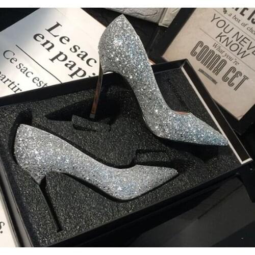 Carpaton Siler Glitter Embellished Wedding Shoes Woman Sexy Pointed ToeThin Heels Shoes Slip on Party Dress Shoes Gold Red
