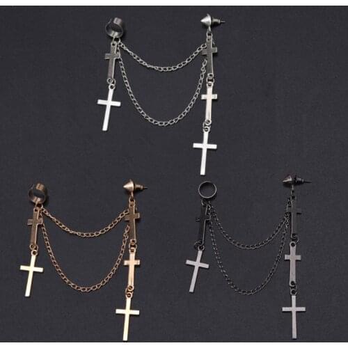 Gothic Punk Cross Long Tassel Double Chains Ear Cuff Earrings Fashion Jewelry 85LB