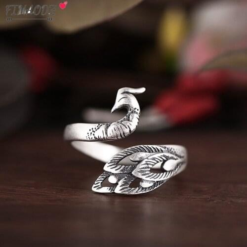 FIMAODZ Ethnic Peacock Ring Opening Adjustable Animal Feather Rings for Women Female Retro Jewelry