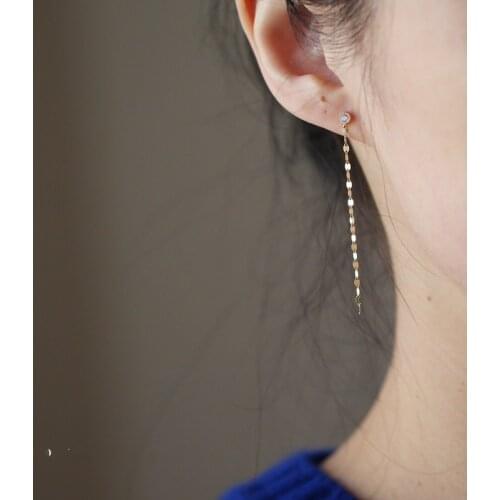 14K Solid Gold tassel chain Dangle Drop crystal Dainty Earring Jewelry Minimal Bride Bridesmaid shinning