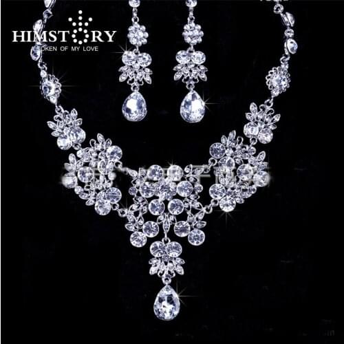 HIMSTORY Bridal Bridesmaid Party Crystal Rhinestone Noble Waterdrop Red Jewelry Sets Bib Necklace Wedding Earring Necklace