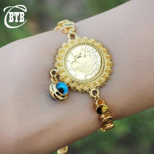 Islamic Muslim Demon Lucky Eye Oman Round Gold Coin Lady Charm Allah Bracelet Wedding Couple Luxury Jewelry Holiday Gift