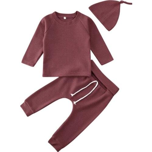 3PCS Newborn Baby Girl Boy Winter Spring Clothes Set Homewear Solid Casual Tops T-Shirt Long Pants Hat Outfits Cotton
