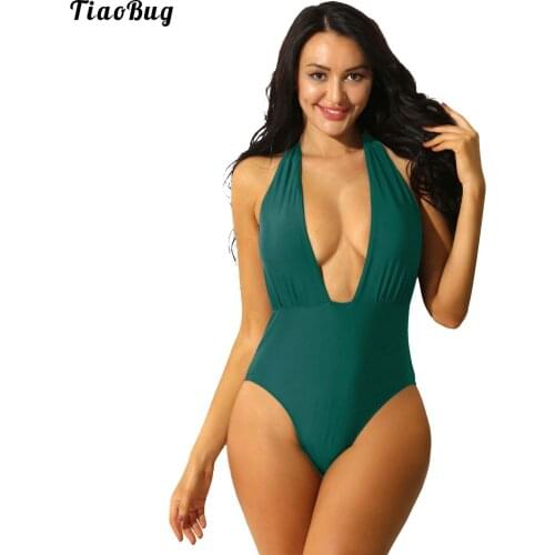 TiaoBug Summer Women Sexy Solid Color High Leg Halterneck Backless One-Piece Plunge Swimsuit Swimwear Bodysuit