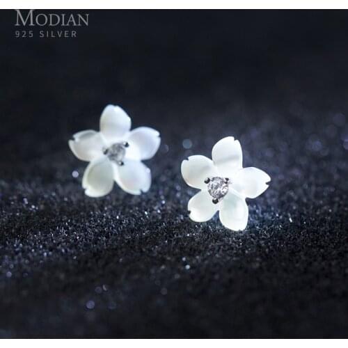 Modian Authentic 925 Sterling Silver Ceramics Flower Stud Earrings for Women Plant CZ Luxury Wedding Statement Jewelry 2020 NEW