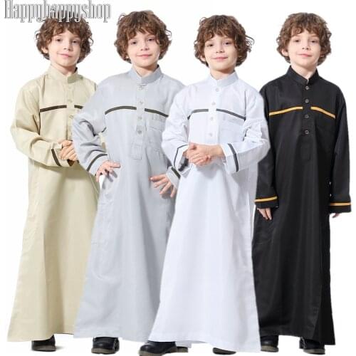 Children Muslim Costumes Boys Jubba Thobe Robe Islamic Casual Long Sleeve Kaftan Middle East Kids Gown Abaya Dress