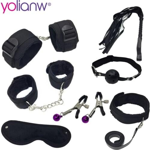 7 Pcs Set Fetish Sex Bondage Woman Slave Restraint Adult Sex Toys for Couples Handcuffs Nipple Clamps Whip Erotic Toys