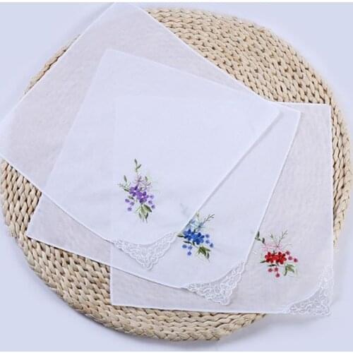5Pcs Womens Cotton Handkerchiefs Floral Embroidered Butterfly Lace Pocket Hanky