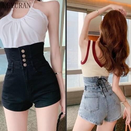 Women Sexy Shorts High Waist Button Lacing Solid Denim Hot Pants Female High Street Skinny Plus Size 2021 Womens shorts Summer