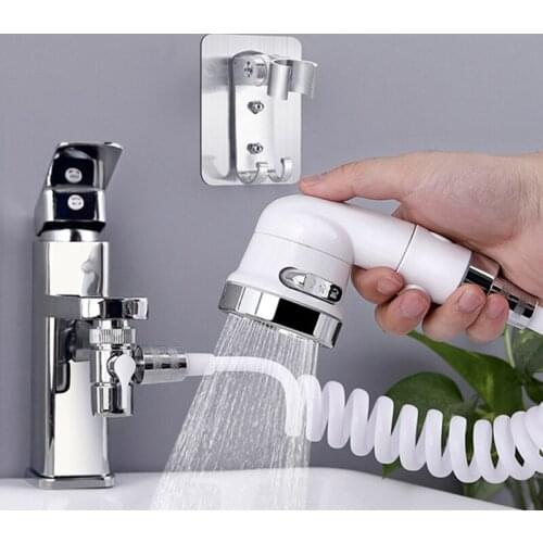Bathroom Kitchen Plastic Sink Va lve Diverter Faucet Splitter to Hose Adapter with Hose & Shower Head White/Silver