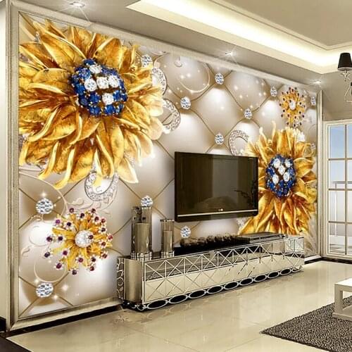 Custom Self-adhesive Wallpaper Wall Decals Diamond Golden Flower Soft Pack Living Room TV Background Wall Decoration Mural Paper