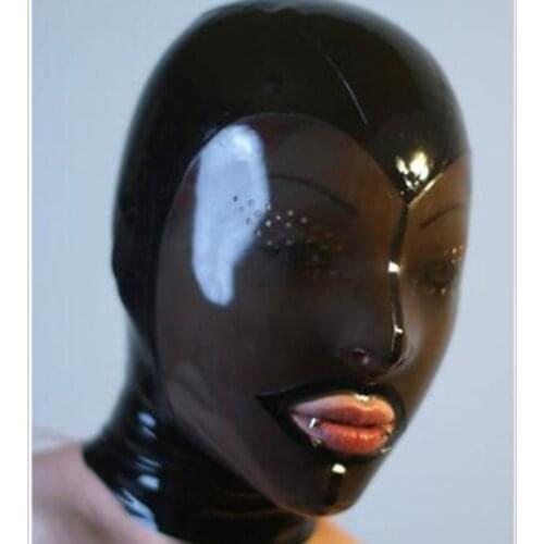 Transparent black latex hood women female exotic latex breath hole hoods mask lingerie uniform halloween no back zipper