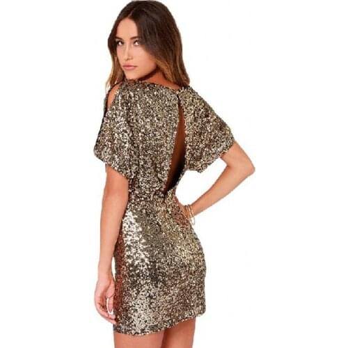 Sexy Mini Sequin Glitter Backless Formal Dress for Party Round Neck Bodycon Nightclub Short Sleeves Gold Summer Dress