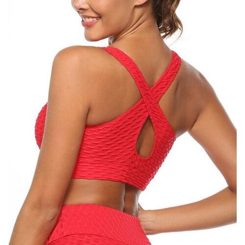 Sexy Red Criss Cross Yoga Sports Bra Top for Fitness Clothing Push Up Workout Bra Active Wear Women Jacquard Bubble Brassiere
