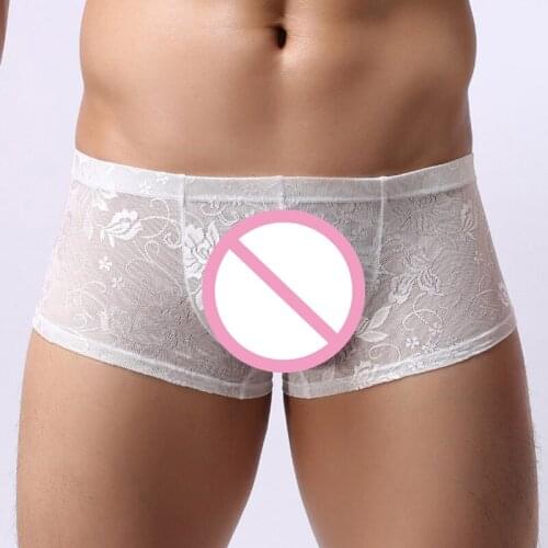 Super Sexy Mens Lace Panties Trunks Male Lingerie Underpants Sheer Boxers Men Transparent Underwear Shorts Pouch Bulge Cueca