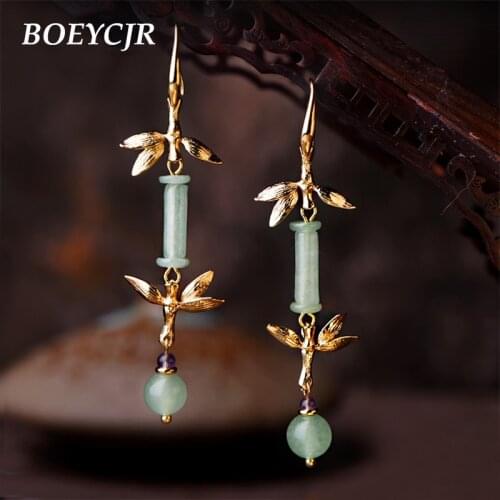 BOEYCJR Ethnic Gold Color Bamboo Stone Drop Earrings Handmade Jewelry Hook Earrings Dangle Earrings for Women Gift