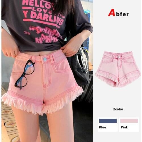 Abfer Plus Size Korean Fashion High Waisted Tassel Denim Shorts Women 's Summer Popular Hot Girls Short Jeans Pink Hot Pants Y2K