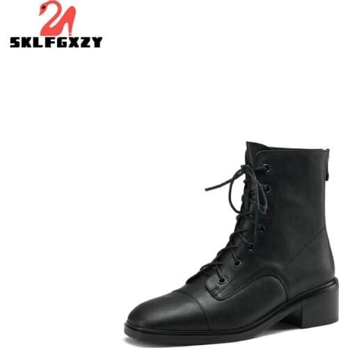 SKLFGXZY Womens Ankle Motorcycle boots Shoes Round toe Lace up Woman Boots Genuine Leather Ankle Boots Women Autumn Shoes