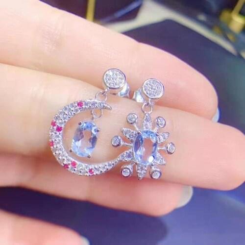 Natural Boutique Sapphire Star Moon combination Earrings S925 Pure Silver Fine Fashion Wedding Jewelry for Women Free shipping