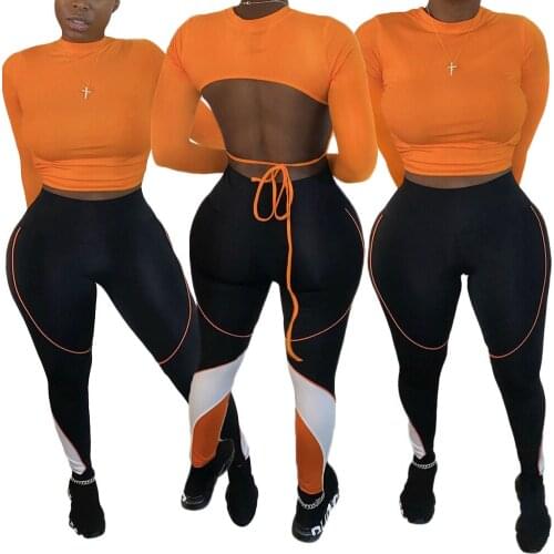 Women Fashion Casual Two Piece Set Tracksuit Lace Up Backless Long Sleeve Crop Top Color Patchwork Leggings Pants Jogging Suit