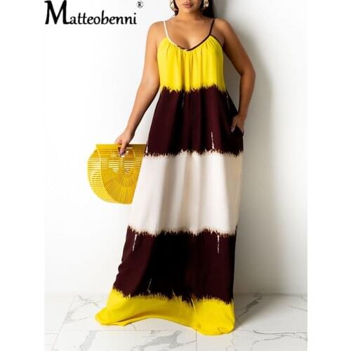 2021 Summer Color Contrast Printed Women Dress Sexy Ladies Spaghetti Strap Trendy Sleeveless Pocket Fashion Elegant Maxi Dresses