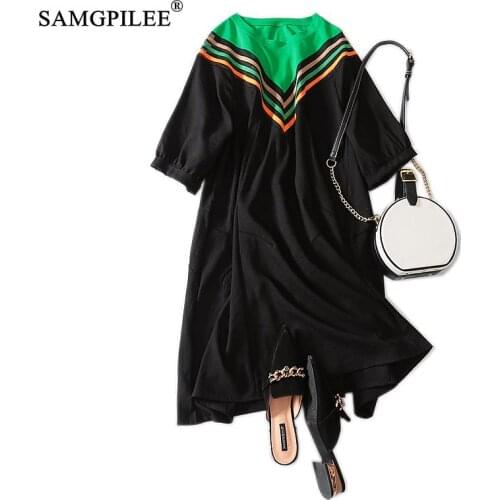 Plus Size Women Dresses 2020 Office Lady Loose Dress For Women Patchwork Short Sleeve Knee-length Empire O-neck Dress Women 3XL