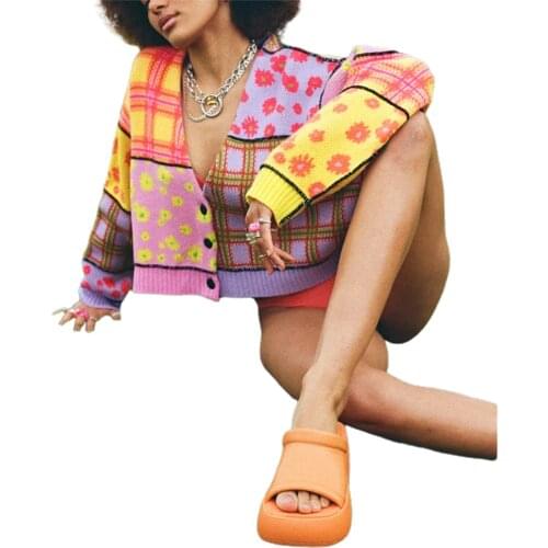 Dames Bloemen Plaid Splicing Single-Breasted Gebreide Jas Ademend Meisjes Lange Mouwen Truien Casual Vest Trui