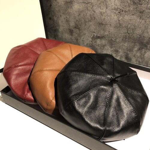 Winter Beret Cap Fashion Women PU Leather Beret Hat Laides Autumn Retro Beanie Caps British Painter Hats Boinas Para Mujer A