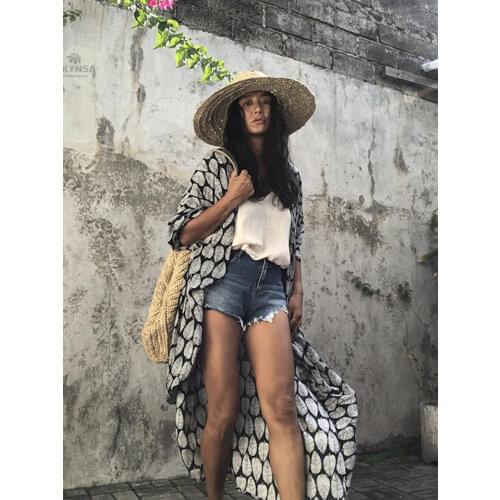 2021 Bikini Cover-ups Black Retro Plaid Self Belted Plus Size Women Summer Long Kimono Dress Beach Wear Swim Suit Cover Up Q1225