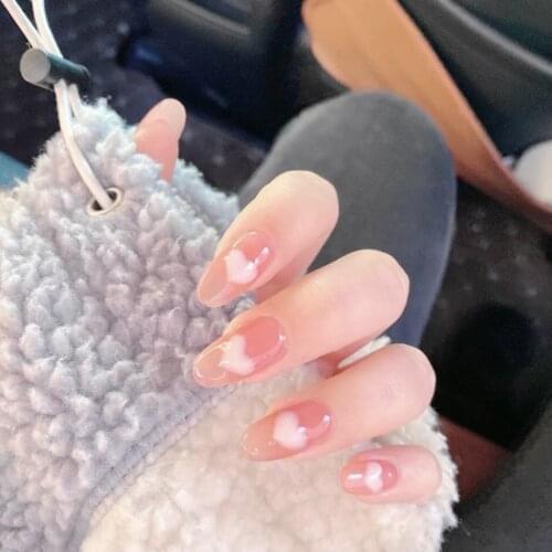 24Pcs Fake Nails Ballerina Pink Color WIth Heart Design DIY Manicure Full Cover Nail Tips With 24Pcs Glue Sticker