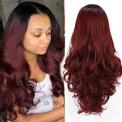 Long Body Wave Wigs Ombre Black Red Synthetic Wigs for Women Afro American Middle Part Cosplay Party Daily Use Heat Resistant