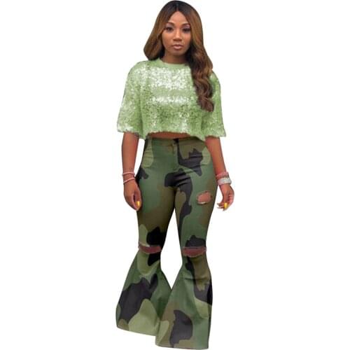 Fashion Camouflage Leopard Print High Stretch Vintage Wash Ripped Jeans Bell Bottoms for Women Skinny Wide Leg Flare Denim Pants