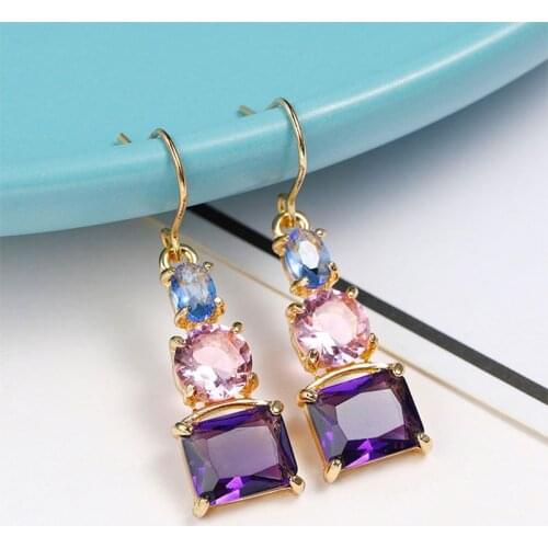 Elegant Three Tone Cubic Zircon Earrings Bridal Jewelry Fashion Gold Color Square Purple Pink Blue Rhinestone Earring